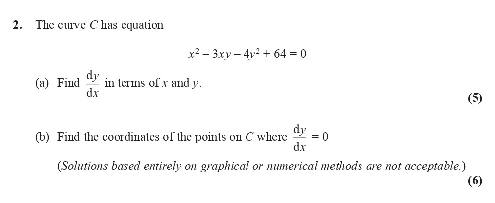 The-curve-C-has-equation--$$x^2---3xy---4y^2-+-64-=-0$$--(a)-Find-\(-\frac{dy}{dx}-\)-in-terms-of-\(-x-\)-and-\(-y-\)-Edexcel-A-Level Maths Pure-Question 3-2015-Paper 4.png